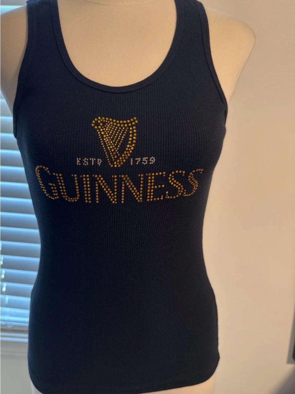 American Apparel Black Ribbed Tank with Gold Studded Guinness Logo